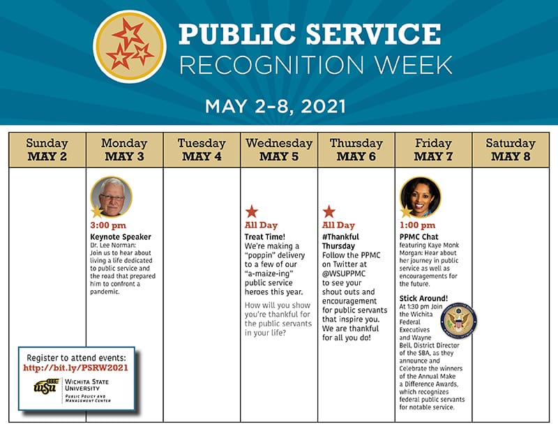 Public Service Recognition Week May 2-8; Monday: Dr. Lee Norman speaks at 1pm; Wednesday: The PPMC is delivering treats to municipal public servants; Thursday: #ThankfulThursday will be full of shout outs and encouragement on social media; Friday: Dr. Kaye Monk-Morgan speaks at 3pm; RSVP at http://bit.ly/PSRW2021
