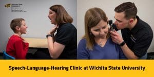 Speech-Language Pathologist works with child at the Wichita State Speech-Language-Hearing Clinic. Audiologist gives patient a hearing exam at the Wichita State Speech-Language-Hearing Clinic.