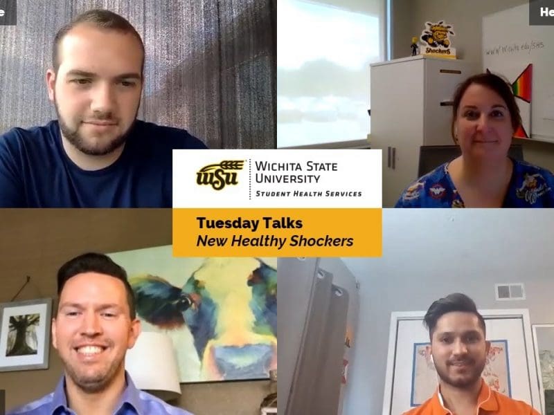 Pictures of Austin Nordyke, Heather Stafford, Aaron Coffey, and Rachit Rajput with text: Wichita State University Student Health Services, Tuesday Talks, New Healthy Shockers