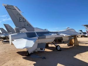 An F-16 Fighting Falcon in storage at the 309th Aerospace Maintenance and Regeneration Group (AMARG) at Davis-Monthan Air Force Base. The aircraft is one of two that will be used to create a digital replica of the fighter.