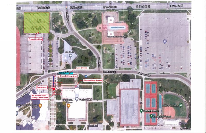 Map of where construction crane replacement will occur at Hubbard Hall.