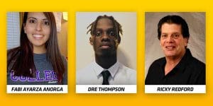 Fabi Ayarza Anorga, Dre Thompson, and Ricky Redford, W. Frank Barton School of Business' scholarships for transfer students recipients graphic.