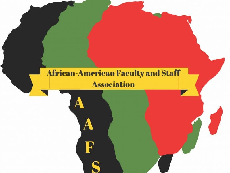 A graphic featuring a black, green and red Africa superimposed over one another and the text 'African-American Faculty and Staff Association (AAFSA).'