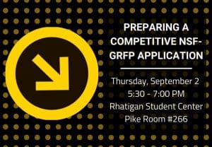 Graphic featuring text 'Preparing a competitive NSF-GRFP application: Thursday, September 2, 5:30 - 7:00 PM, Pike Room 266, Rhatigan Student Center.'