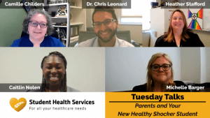 Pictures of Camille Childers, Dr. Chris Leonard, Heather Stafford, Caitlin Nolen, and Michelle Barger with text: Student Health Services, Tuesday Talks, Parents and Your New Healthy Shocker Student.