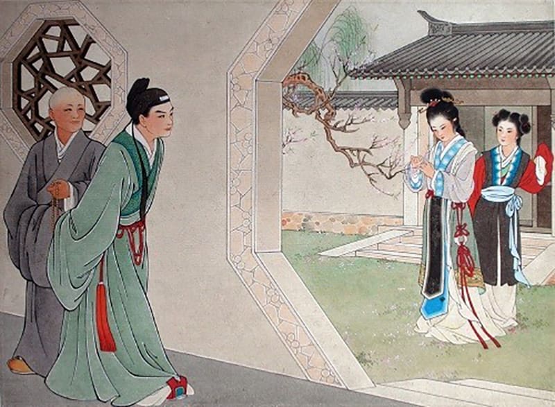Poster for Philosophy of Sex and Love featuring a monk and a man looking outside at two women from the Qin Dynasty.