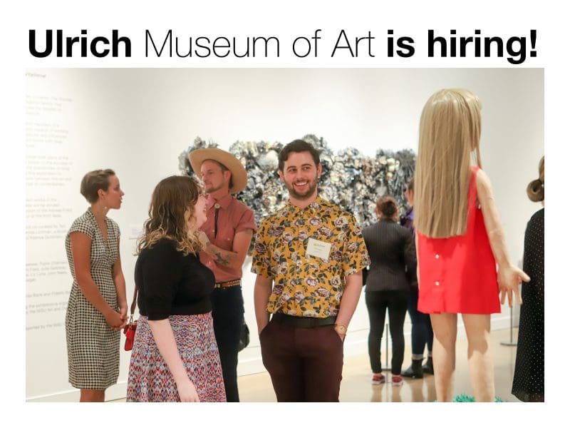 Graphic of people visiting the Ulrich Museum of Art featuring the text "Ulrich Museum of Art is hiring."
