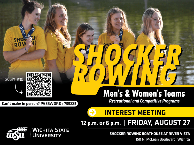 An image of five people holding bronze medals smile at a camera. The text in front reads Shocker Rowing, Men's and Women's Teams, Recreational and Competitive Programs. Beneath that reads Interest Meeting, 12p.m. or 6p.m., Friday, August 27th, Shocker Rowing Boathouse at River Vista, 150 N. McLean Boulevard, Wichita. Can't make it in person? Join using our zoom link (QR code attached).