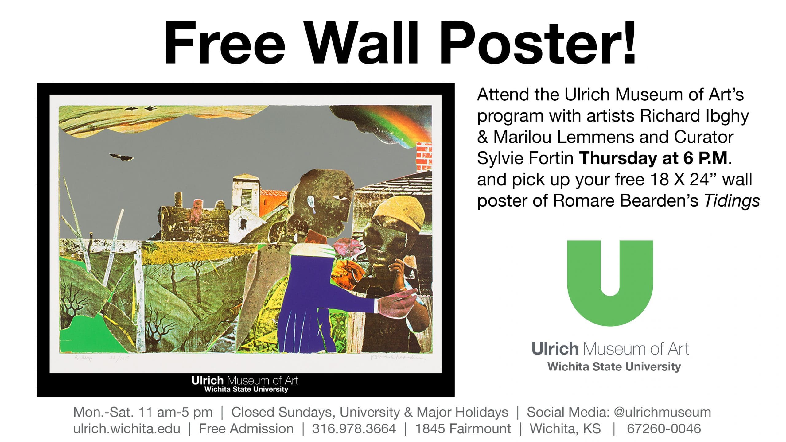 Free Wall Poster. Attend the Ulrich Museum of Art’s program with artists Richard Ibghy & Marilou Lemmens and Curator Sylvie Fortin Thursday at 6 P.M. and pick up your free 18 X 24” wall poster of Romare Bearden’s Tidings