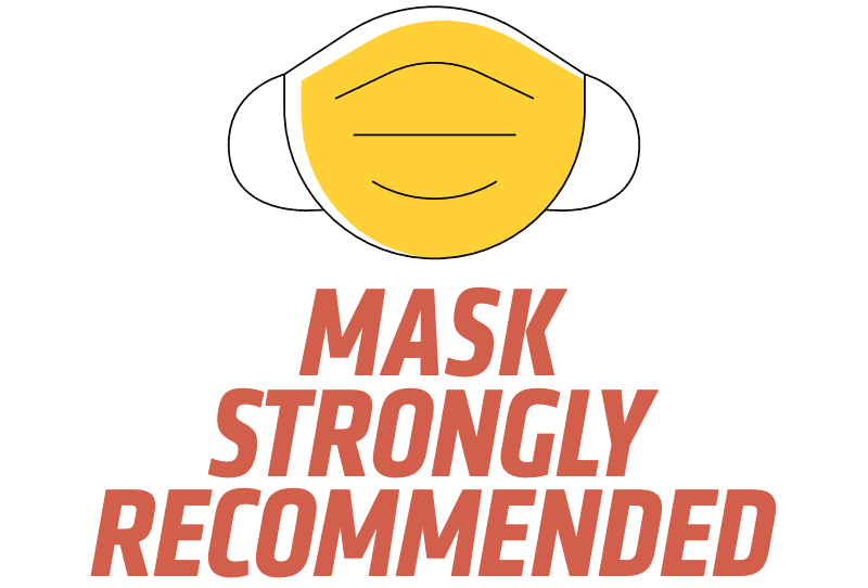 Graphic with face mask with text reading "mask strongly recommended."