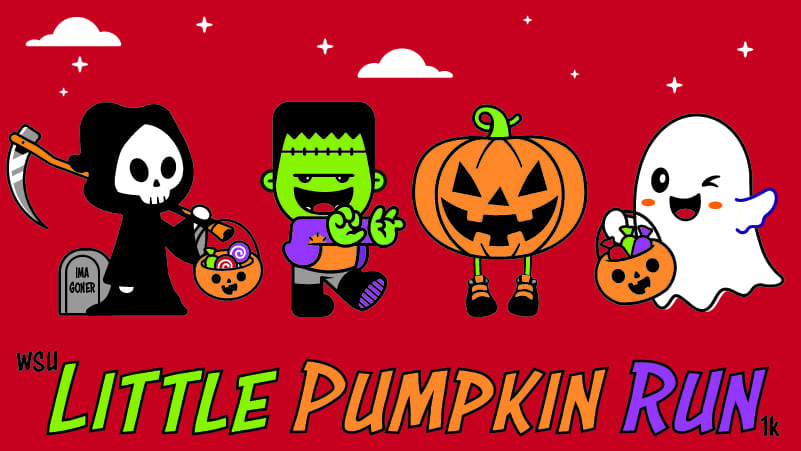 Graphic on red background with grim reaper, Frankenstein, Jack-o'-lantern and ghost with text 'WSU Little Pumpkin Run 1K.'