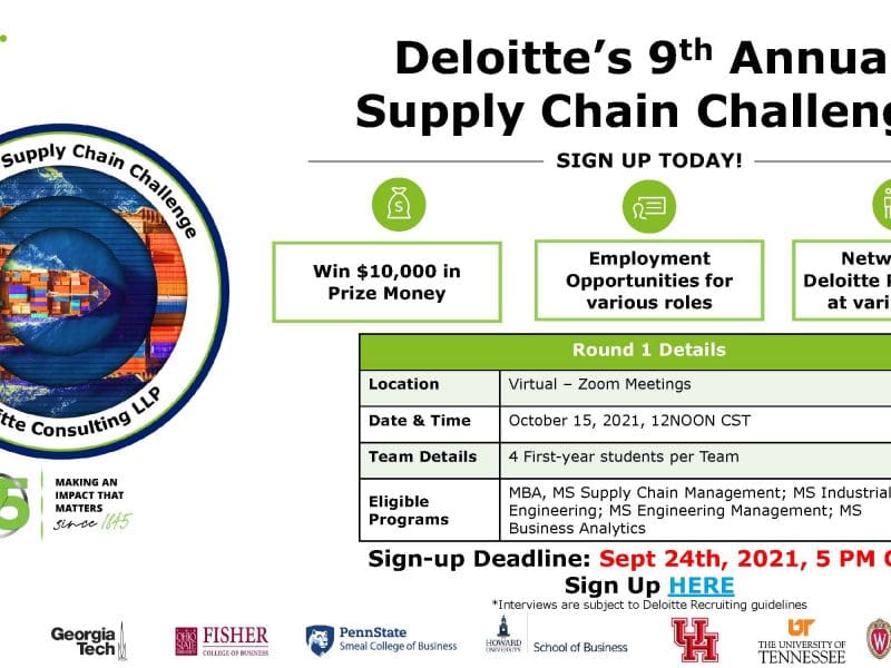 Deloitte's 9th Annual Supply Chain Challenge - Sign up today! - Win $10,000 in Prize Money, Employment Opportunities for various roles, Network with Deloitte Practitioners at various levels. Round 1 Details: Location - Virtual Zoom Meetings; Date & Time - Octover 15, 2021 12NOON CST; Team Details - 4 First-year students per team; Eligible programs - MBA, MS Supply Chain Management, MS Industrial Engineering, MS Engineering Management, MS Business Analytics; Sign up deadline: Sept 24th, 5pm CST *Interviews are subject to Deloitte Recruiting guidelines
