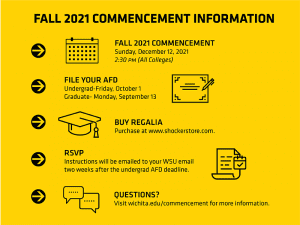 Fall 2021 Commencement Information Fall 2021 Commencement will be held on Sunday, December 12, 2021 at 2:30pm for all colleges. File your AFD. Undergrad deadline is Friday, October 1, 2021. Graduate deadline is Monday, September 13. Buy Regalia. You can purchase regalia at www.shockerstore.com. RSVP. RSVP instructions will be emailed to your WSU email two weeks after the undergrad AFD deadline. Questions? Visit wichita.edu/commencement for more information.