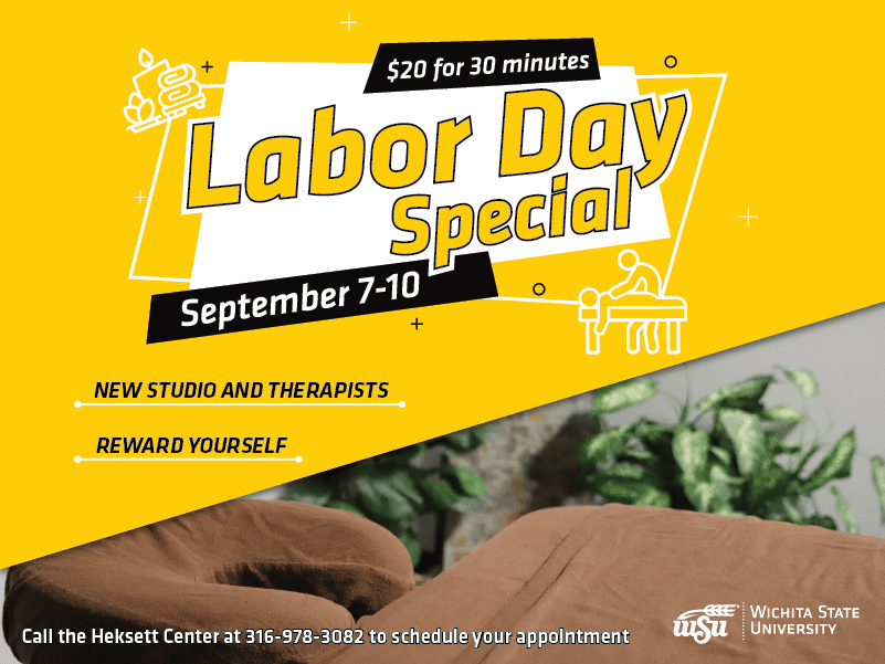 A yellow background with the words 'Labor Day special, 30 minutes for $20. September 7-10, New studio, new therapists, reward yourself'.