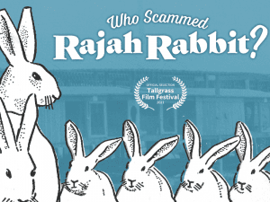 Title "Who Scammed Rajah Rabbit?" appears on a blue background next to an illustrated image of white rabbits.