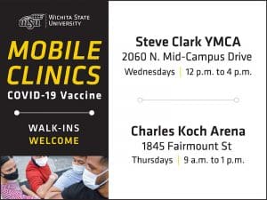 Graphic featuring text 'WSU-Wichita State University-Mobile Clinics COVID-19 Vaccine-Walk-ins Welcome-Steve Clark YMCA 2060 N. Mid-Campus Drive Wednesdays 12 p.m. to 4 p.m.-Charles Koch Arena 1845 Fairmont St-Thursdays 9 a.m. to 1 p.m.'