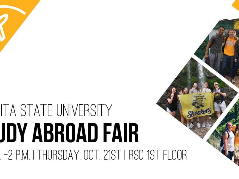 Attend the Study Abroad Fair from 10 a.m. to 2 p.m. Thursday, Oct. 21 to learn about our programs, scholarships and options for 2022 and beyond. Students in attendance will be entered into a drawing for a $1,000 scholarship toward a study abroad program, as well as free swag and prizes. For more information, contact us at studyabroad@wichita.edu.