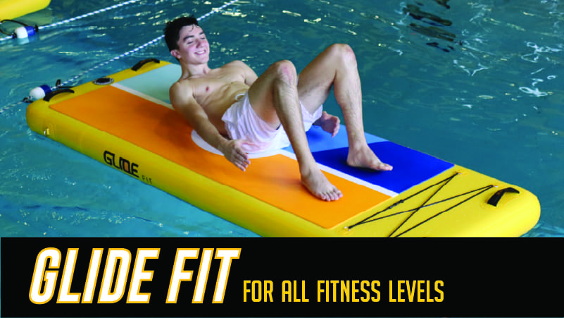 Picture of student working out on surf board featuring text 'Image Alt Text Glide Fit for all fitness levels.'