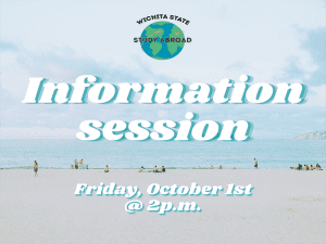 Photo featuring people at a beach and text 'study abroad information session on October 1st at 2 p.m.'