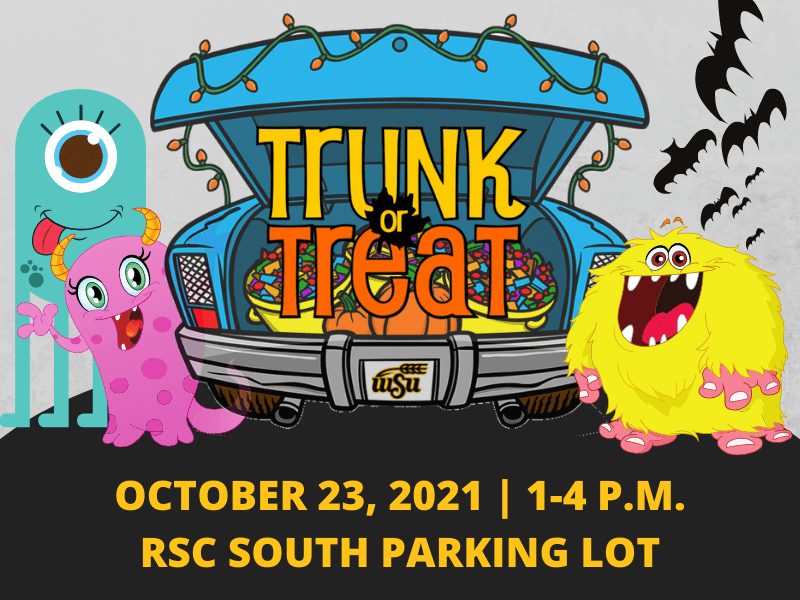 Graphic featuring blue, pink and yellow monster surrounding blue car full of candy with text 'October 23, 2021-1-4 p.m. RSC South Parking Lot.