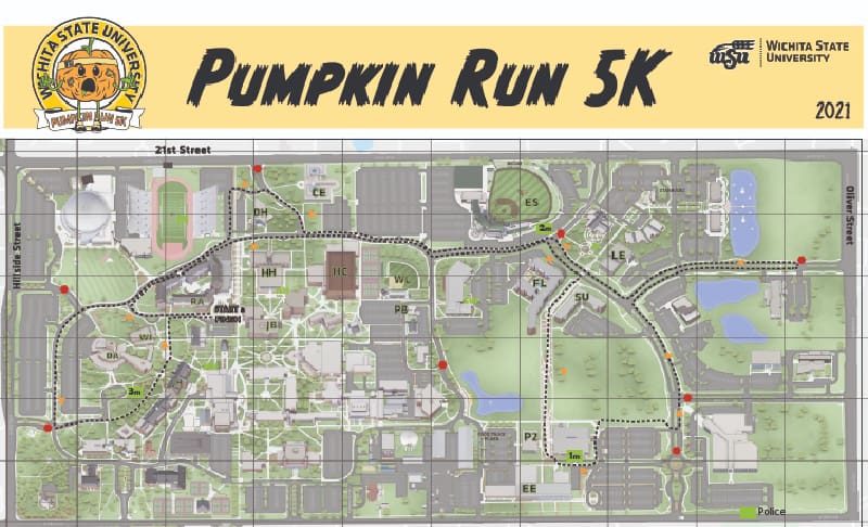 Map of Wichita State campus featuring text 'Pumpkin Run.'