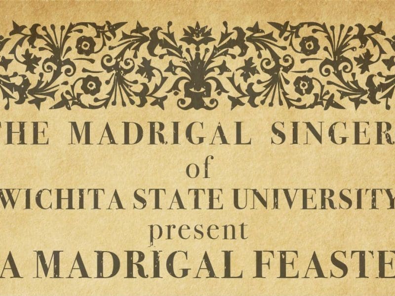 Elizabethan style tan invitation featuring 'The Madrigal Singers of Wichita State University present A Madrigal Feaste.'