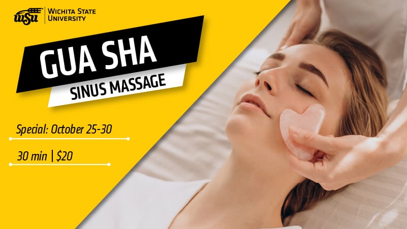 Picture of woman getting facial massage and text 'Gua Sha Sinus Massage Special: October 25-30 30 min | $20.'