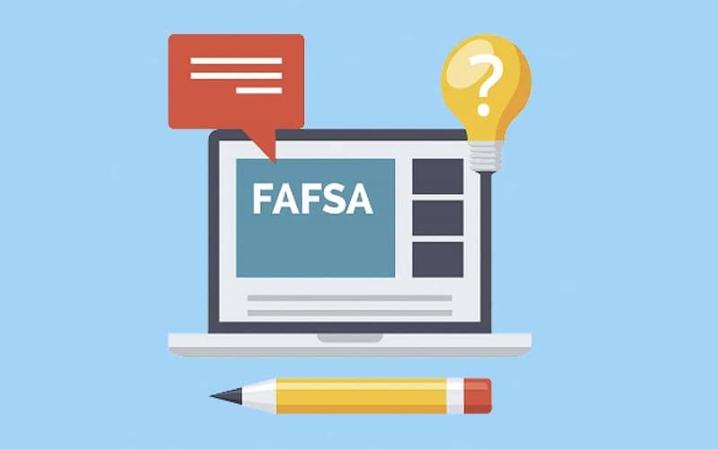 Graphic featuring text box, question mark light bulb, pencil and laptop with text 'FAFSA."