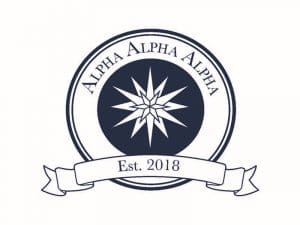 Tri-Alpha logo in dark blue on white background with text 'Alpha, Alpha, Alpha and est. 2018.'
