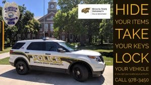 WSUPD vehicle parked in front of Morrison Hall with words Hide, Take, Lock on a side bar.