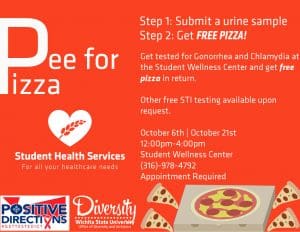Pee for Pizza, Step 1: Submit a Urine Sample, Step 2: Get Free Pizza. Get tested for Gonorrhea and Chlamydia at the Student Wellness Center and get free pizza in return. Other free STI testing available upon request. October 6th and October 21st. 12:00pm-4:00pm. Student Wellness Center. (316)-978-4792. Appointment Required.