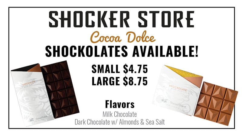 Shocker Store. Cocoa Dolce Shockolates available! Small $4.75, large $8.75. Flavors: Milk chocolate, dark chocolate with almonds and sea salt.