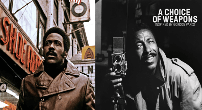 Two people. First person is Richard Roundtree in Shaft, 1971. Second person is Gordon Parks in A Choice of Weapons: Inspired by Gordon Parks, 2021.