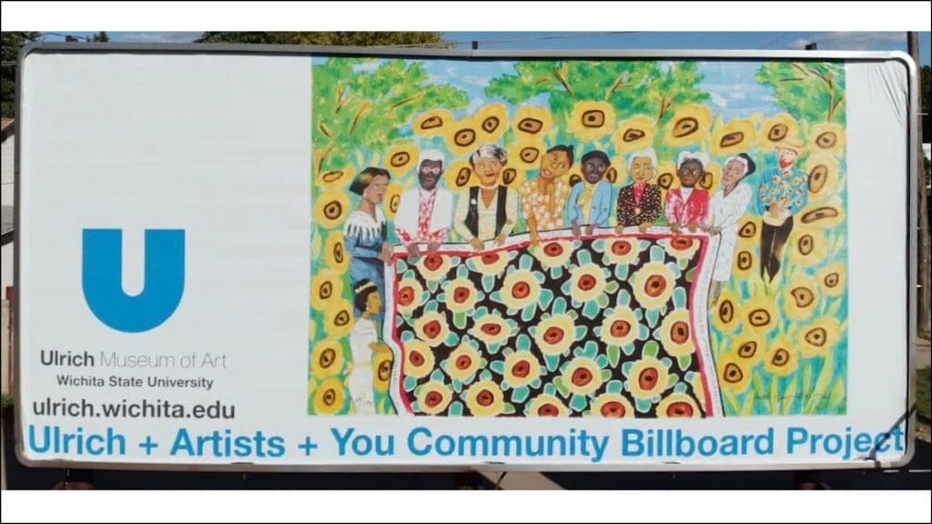 A photo of the Ulrich billboard featuring artist Faith Ringgold's "Sunflower Quilting Bee at Arles" (1996), which was located at 1400 E. Harry in Wichita.