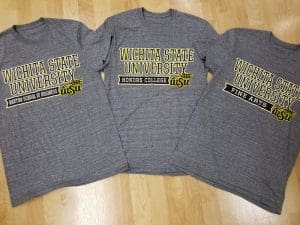Photo image of three WSU College T-shirts.