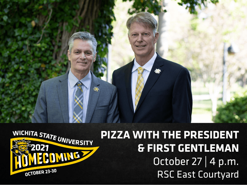 The graphic features a photo of President Rick Muma and first gentleman Rick Case with the text Pizza with the President Wednesday, October twenty-seventh from four to five P M in the Rhatigan Student Center east courtyard.