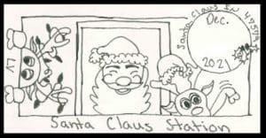 Pictoral postmark of Santa and two reindeer sending holiday greetings from Santa Claus Station, Santa Claus Indiana, 47579 December 2021.