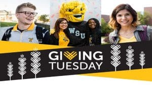 Graphic with two students and WuShock in the middle. Text reading Giving Tuesday.