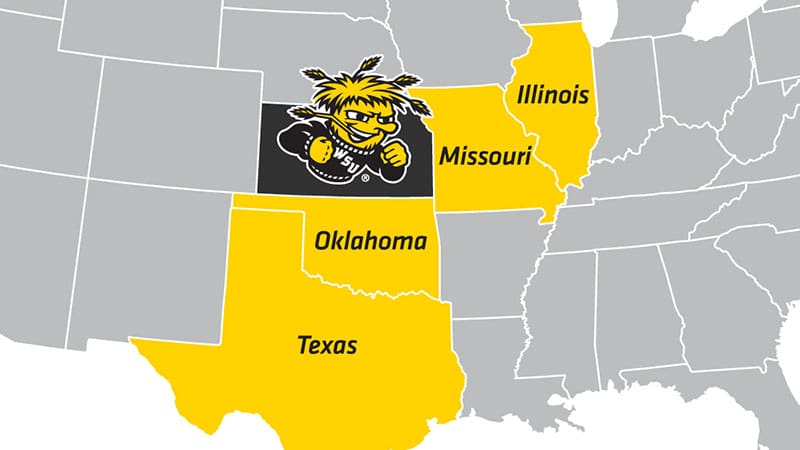 Graphic of United States in gray. Illinois Missouri, Oklahoma and Texas. are highlighted in yellow with WuShock on Kansas.