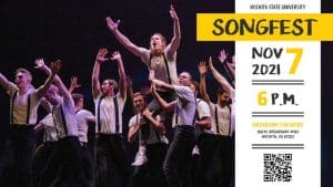 A group of students doing a dance routine. Text says: Wichita State University, Songfest, Nov 7 2021, 6 p.m., Orpheum Theatre 200 N. Broadway #102 Wichita, KS 67202.