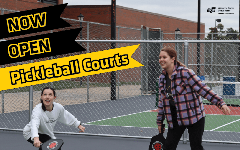 Image of two students playing pickleball and text 'Now Open Pickleball Courts.'