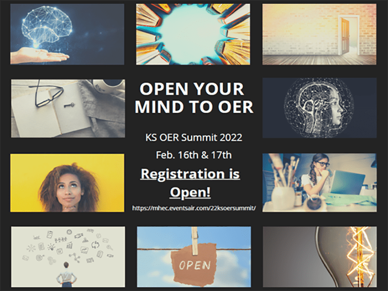 image= mind, brain, thinking images, text = Open Your Mind To OER, KS OER Summit 2022, Feb. 16 &17, registration is open https://mhec.eventsair.com/22ksoersummit/.