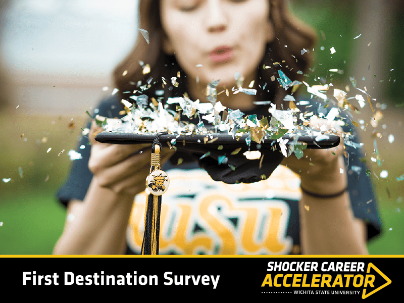 Picture of student blowing confetti and text 'Shocker Career Accelerator First Destination Survey.'
