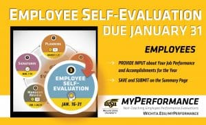 Graphic featuring• myPerformance evaluation cycle graphic highlighting Employee Self-Evaluation due January 16-31. Employee Self-Evaluation Due January 31. Employees: Provide input about your job performance and accomplishments for the year, save and submit on the summary page. Wichita State University. myPerformance: Non-Teaching Employee Performance Evaluations. Wichita.edu/myPerformance.