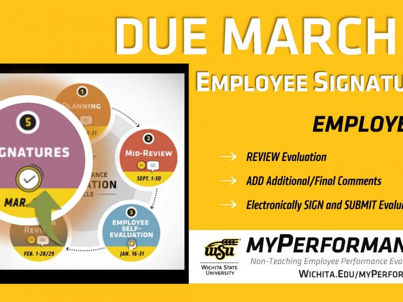 Graphic of myPerformance Evaluation Cycle highlighting the Signature Step. Alt Text: Due March 7: Employee Signature. Employees: Review evaluation, add additional/final comments, electronically sign and submit evaluation. Wichita State University. myPerformance: Non-Teaching Employee Performance Evaluations. wichita.edu/myPerformance