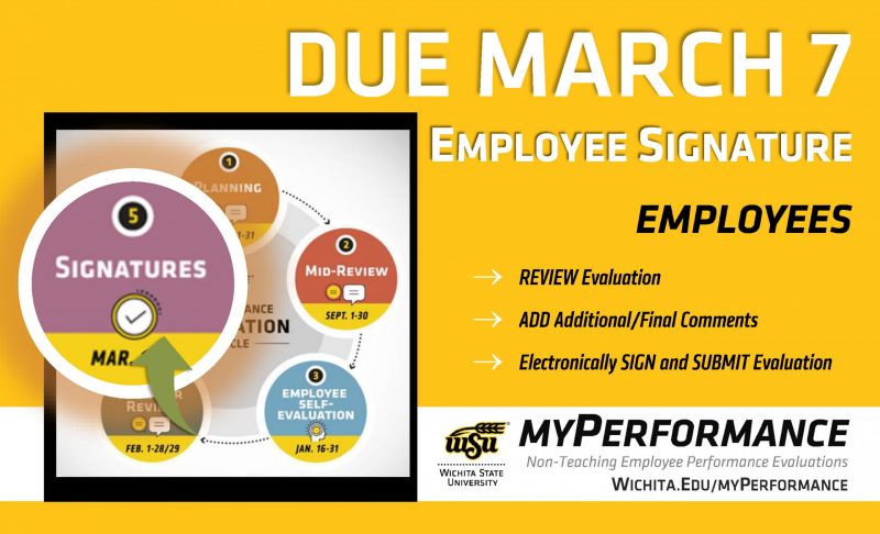 Graphic of myPerformance Evaluation Cycle highlighting the Signature Step. Alt Text: Due March 7: Employee Signature. Employees: Review evaluation, add additional/final comments, electronically sign and submit evaluation. Wichita State University. myPerformance: Non-Teaching Employee Performance Evaluations. wichita.edu/myPerformance