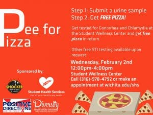 Pee for Pizza. Step 1: Submit a urine sample. Step 2: Get FREE PIZZA!. Get tested for Gonorrhea and Chlamydia at the Student Wellness Center and get free pizza in return. Other free STI testing available upon request. Wednesday, February 2nd. 12:00pm-4:00pm. Student Wellness Center. Call (316)-978-4792 or make an appointment at wichita.edu/shs.