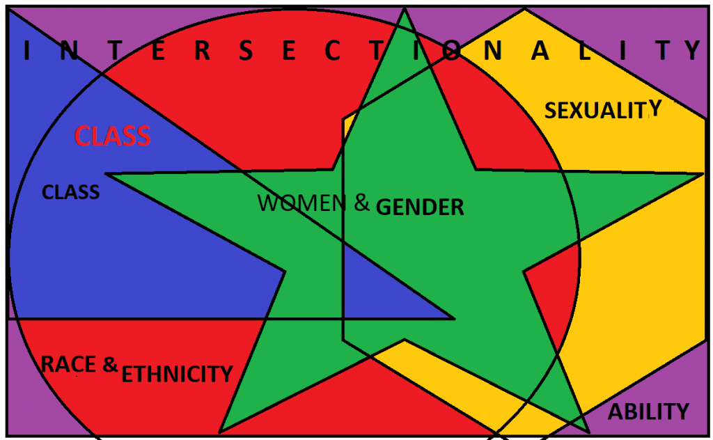 Different shapes and colors intersect in their representation of women & gender, race & ethnicity, class, disability, and sexuality.