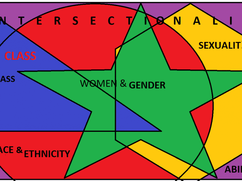 Different shapes and colors intersect in their representation of women & gender, race & ethnicity, class, disability, and sexuality.
