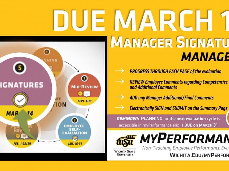 Graphic of the myPerformance Evaluation Cycle highlighting the Signature Step. Alt Text: Due March 14: Manager Signature. Managers: Progress through each page of the evaluation, Review employee comments regarding competencies, goals and additional comments, Add any Manager Additional/Final Comments, Electronically Sign and Submit on the Summary Page. Planning March 1-31: Reminder: Planning for the next evaluation cycle is accessible in myPerformance and is due on March 31. Wichita State University. myPerformance: Non-Teaching Employee Performance Evaluations. wichita.edu/myPerformance